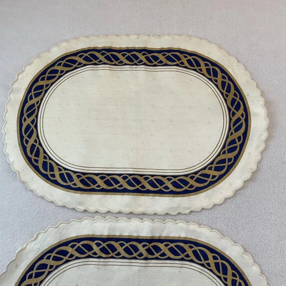 Lenox Hamilton Oval Placemats Cloth Set Of 2 Ivory Gold Navy Blue Vintage Lot #3